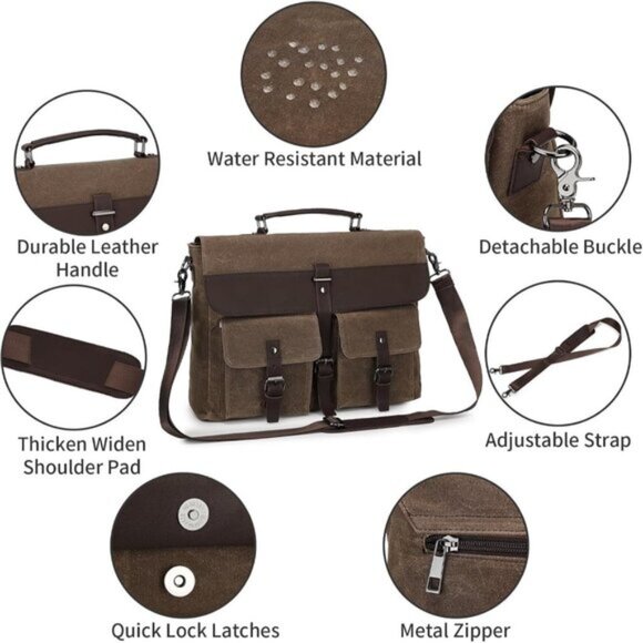 Leather Messenger Bag for Men,Vintage Mens Laptop Bag - Picture 3 of 7